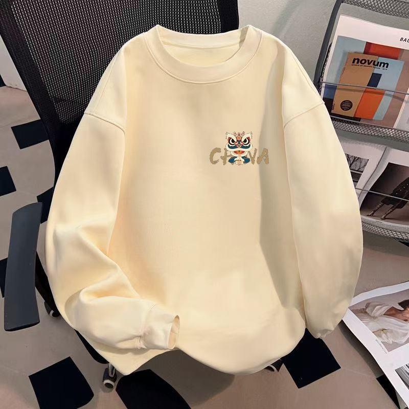 Men's American Retro Lion Hoodie – Thick, Loose, Versatile, Plus Velvet, Round Neck for Autumn/Winter