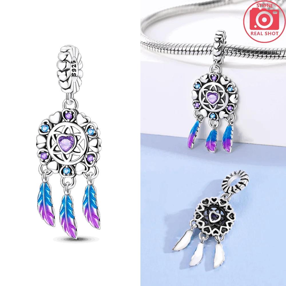 S925 Silver Dream Catcher Pendant Colored Feathers Lucky Beads Fit Bracelet Anniversary Fine Gift Accessory Diy