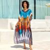 Bohemian Multicolor Striped Printed Women's Loose Kaftan Robe Dress 2024 Summer Holiday Lounge Wear Beach Swimwear Coverup Q1674