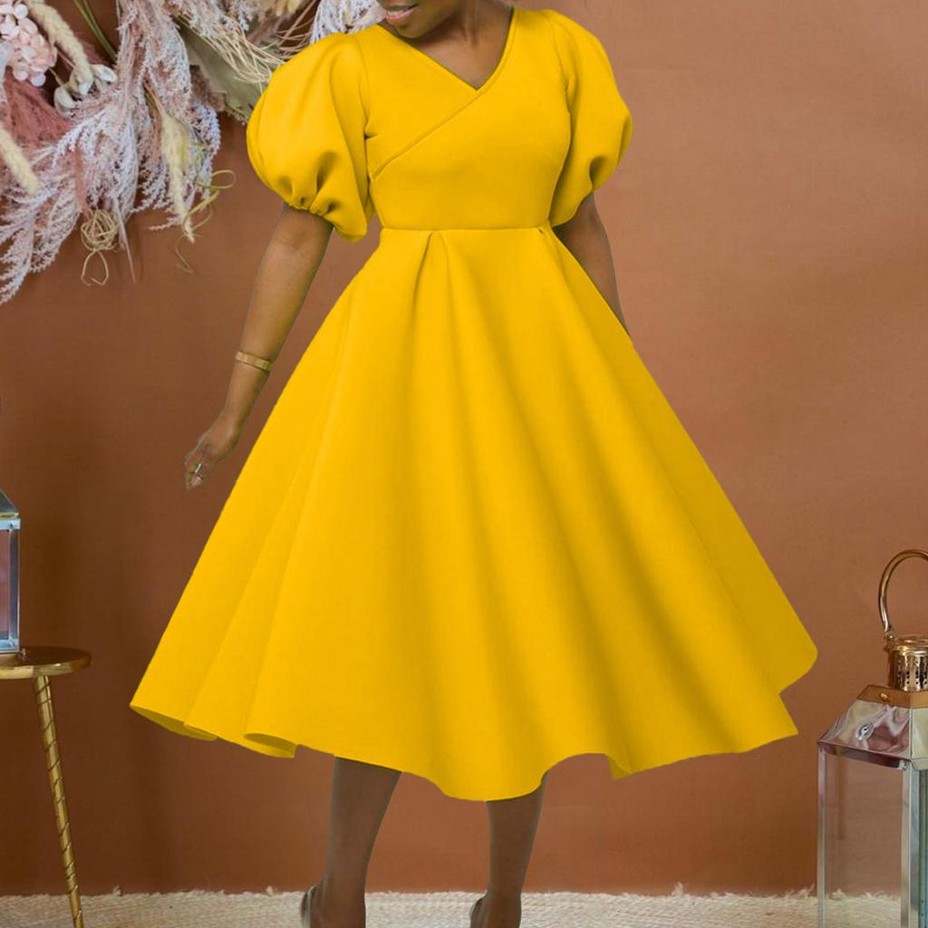 Женское модное однотонное платье большого размера, элегантное цельное платье с v-образным вырезом и пышными рукавами