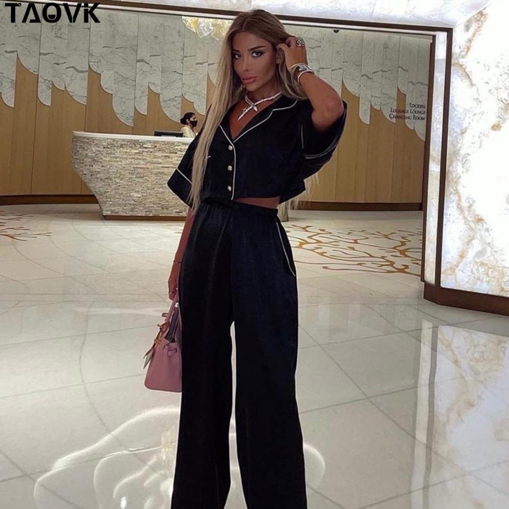 TAOVK Женские брючные костюмы, сексуальные леопардовые мини-топы с v-образным вырезом и короткими рукавами, рубашки + широкие брюки, комплекты из 2 предметов, верхняя одежда