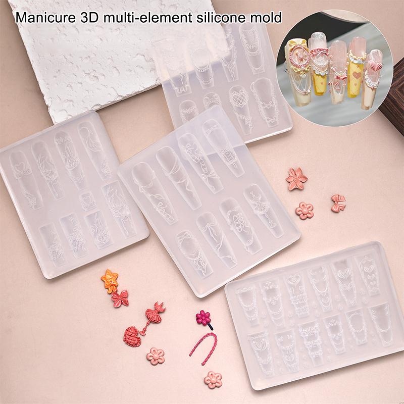 Силиконовая форма для ногтей Мультяшный бант Цветок Бусины Линейная резьба Форма 3D Штамповочная пластина Трафареты для ногтей Инструменты для DIY маникюра Нейл-арт