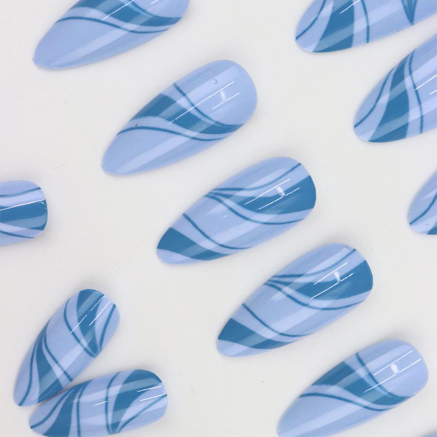 Elegant Sky Blue Nail Art Stickers: Wearable Nail Tips with White Accents, Cool and Stylish Design