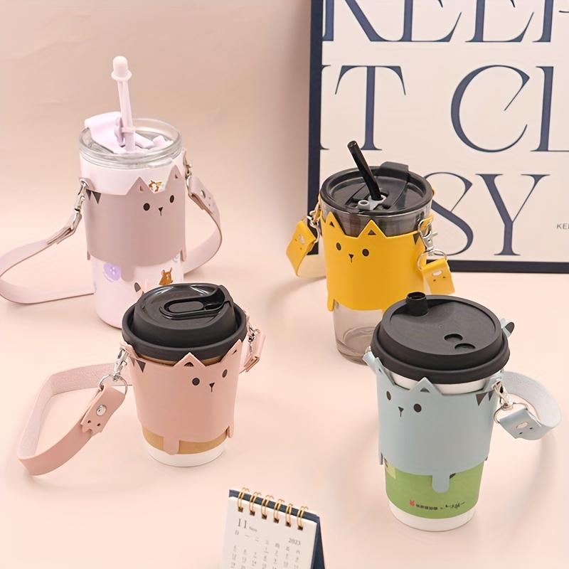 Cute Cat Design PU Leather Cup Holder for Cat Lover Portable Cups Carrier Coffee Tea Milk Sleeve Outdoor Hand-held Bottle Cover