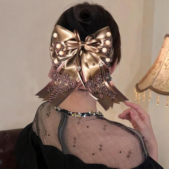 Lace Hair Clip Head Flower Faux Pearl Satin Bowknot Decor