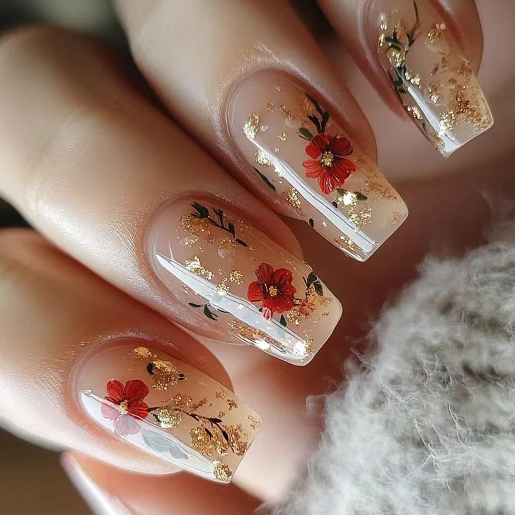 24Pcs Square Press On Nails Glue On Nails French Fake Nails Designs False Nails Artificial Nails Gifts for Women Girls