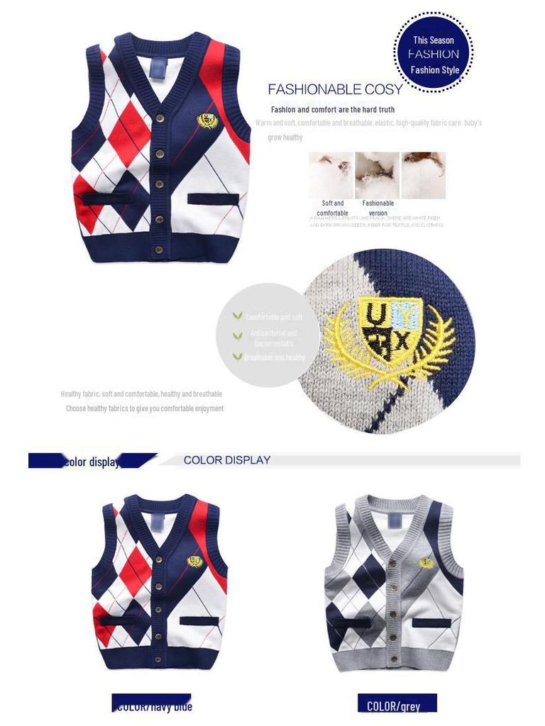 Премиальный вязаный жилет-свитер в студенческом стиле для мальчиков: Кардиган без рукавов для тепла