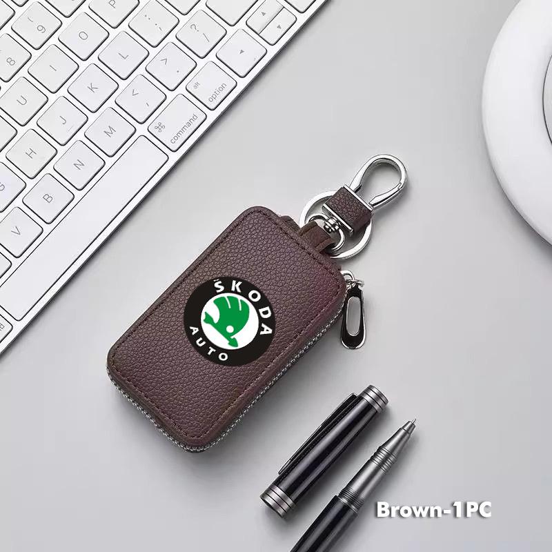 WFDZ5 Car Key Protector Bag Key Holder Mini Auto Key Case Wallet Zipper Bag Keychain For Skoda S Kodiaq Octavia 2 3 Yeti Karoq Rapid