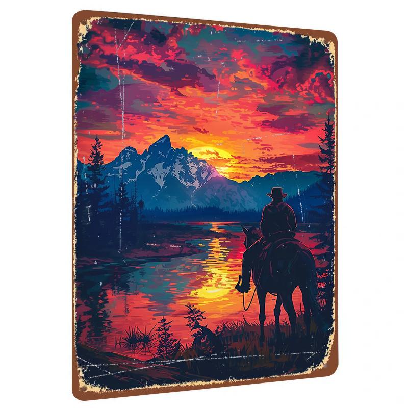 Western Cowboy Mountain Sunset Scenery Metal Tin Sign Home Decor Living Room Bedroom Wall Art Hanging Painting