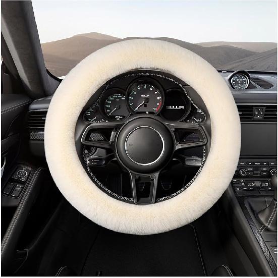 Fur Wool Sheepskin Car Steering Wheel Cover, 15 Inch Fluffy Anti-Slip Auto Steering Wheel Protector For Warm Winter, Universal Fuzzy Plush Vehicle