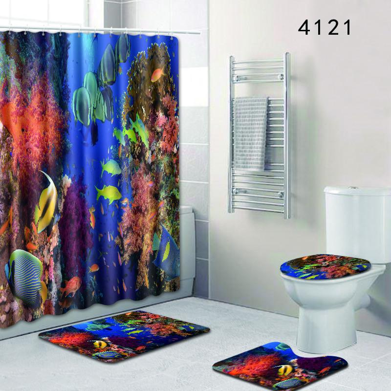 Undersea Landscape Bathroom Shower Curtain Floor Mat Toilet Cover Foot Pad Four-Piece Pattern Size Fixed Zhi