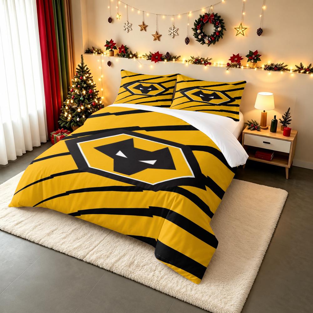 Wolves Yellow Black Hexagon Wolf Head Bedding set (1 duvet cover, 2 pillowcases, duvet not included), Soccer Club Badge Art