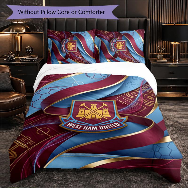 West Ham United Football 3 Piece Bedding Set Soft Duvet Cover Set with Pillowcases Printed Bedroom Decor Set for Home