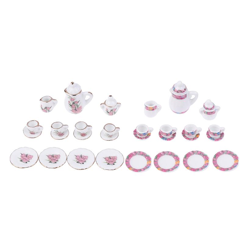 1Комплект 1:12 миниатюрных керамических чайных сервизов для кукольного домика, чашка, чайник, поднос, цветы, столовые приборы, кухонный декор, игрушечные аксессуары для кукольного домика