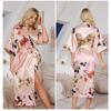 Spring Summer Women's Long Robe Sleepwear Print Flower Half Sleeve Kimono Bathrobe Gown Loose Silk Satin Nightgown Home Clothes