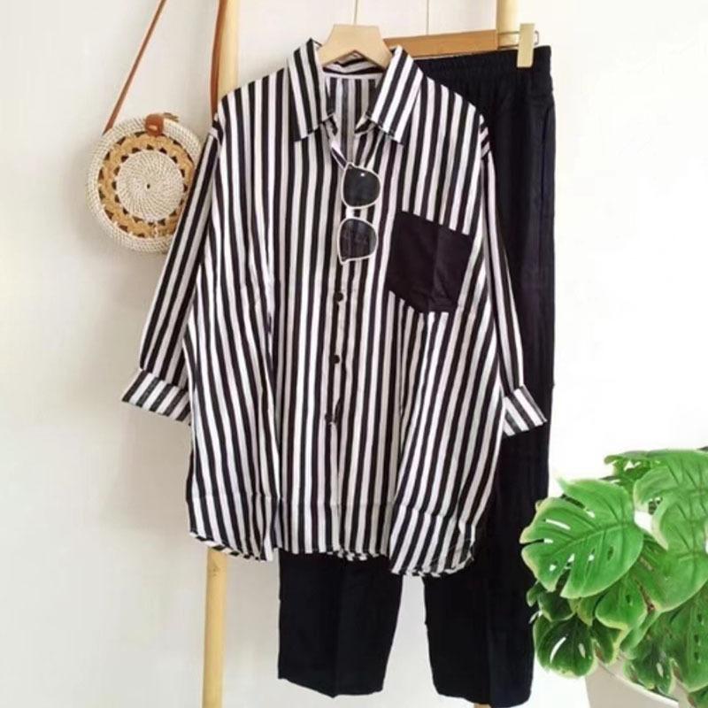 Women'sSummer Fashion Shirt Suit Loose Slim Comfortable Casual Striped Two-piece Set 2 Piece Set Women