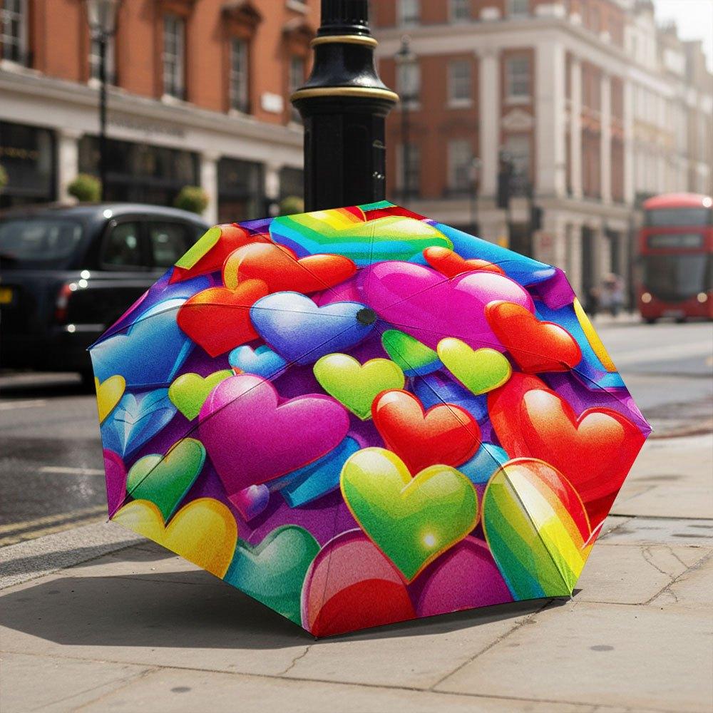 1pc Automatic Umbrella with Colorful Hearts Canopy & Automatic Opening/Closing - Portable Collapsible Umbrella Suitable for &,