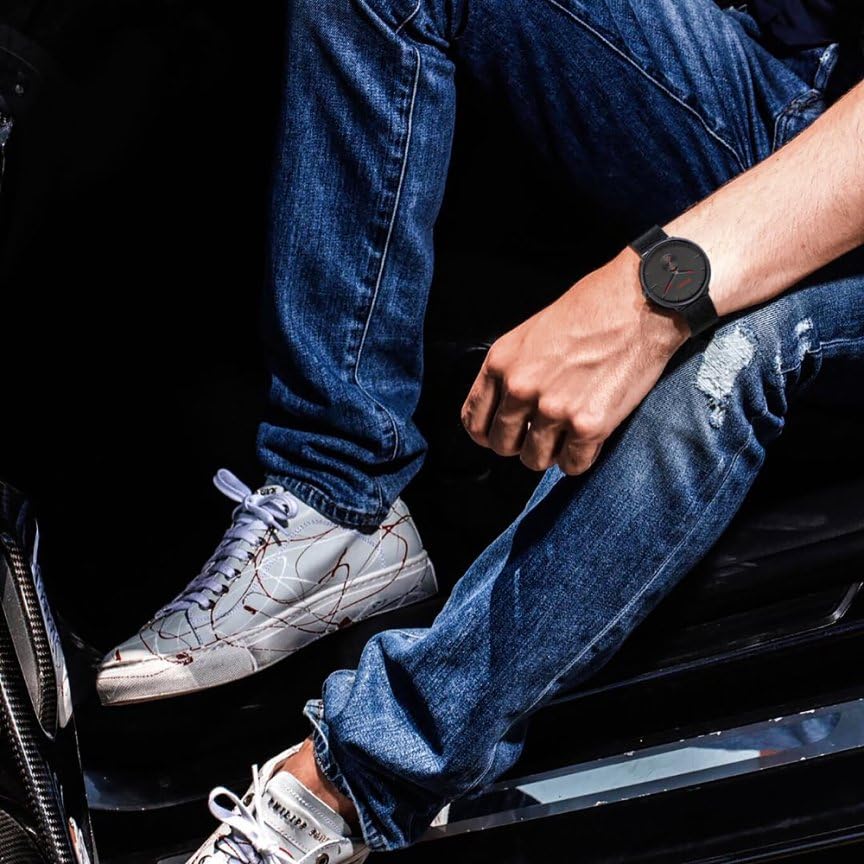 BUREI Men's Black Watch, Simple, Stylish, Popular, Men's Black Watch with Leather Strap (AMJP-1, Stainless Steel)