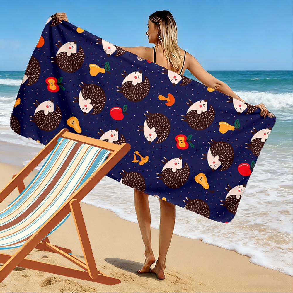 Cartoon Hedgehogs and Fruits Pattern Beach towel quick-drying for travel outdoor sports jogging beach and swimming