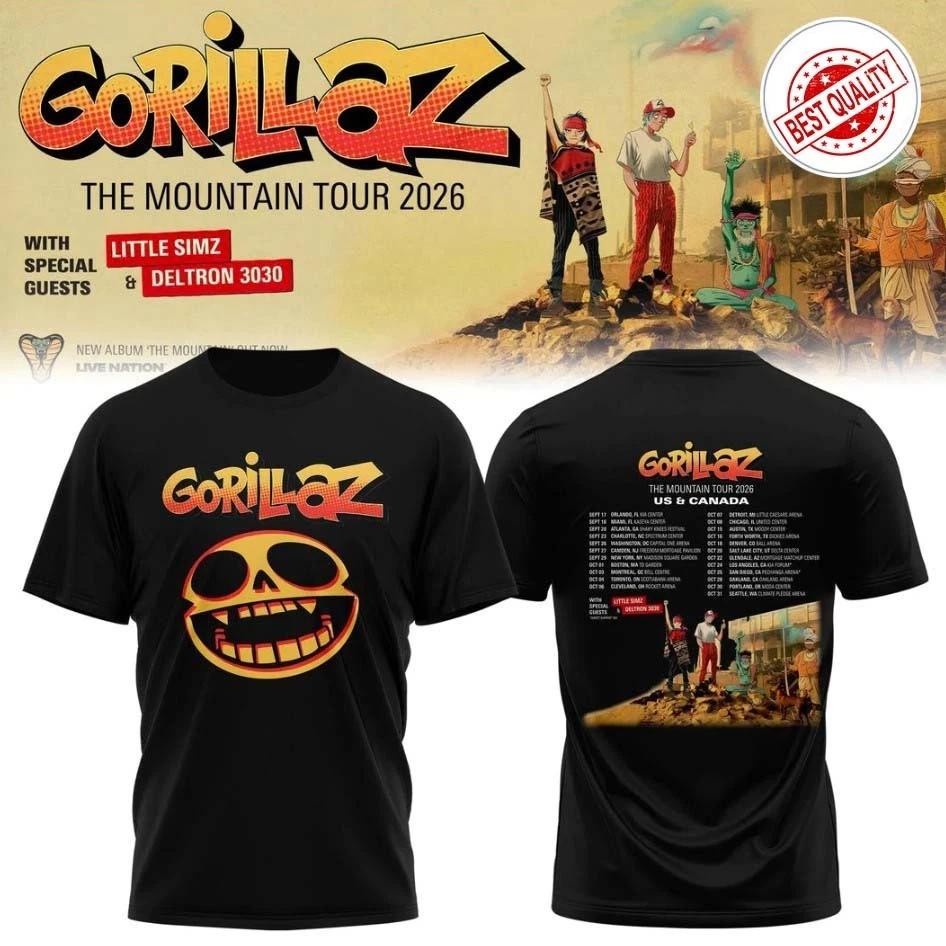 Gorillaz The Mountain Tour 2026 Североамериканская черная футболка - Высококачественная, Удобная, Дышащая, Ретро Подарок Y2k Ins - Я...