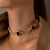 Vintage Multi Layered Gold Choker Necklace with Oval Black Gemstones, Retro Elegant Statement Necklace