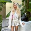 Summer See Through Shorts Sets 2 Pieces for Women O Neck Long Sleeves Jumper Female Suits 2025 Casual Loose Lady Beach Outfits