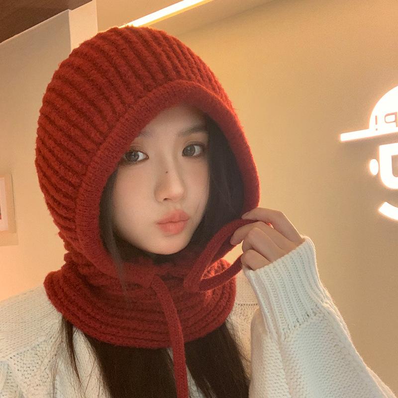 Autumn and winter hats women's scarf integrated big head circumference balaclava hat Korean versatile windproof warm wool hat