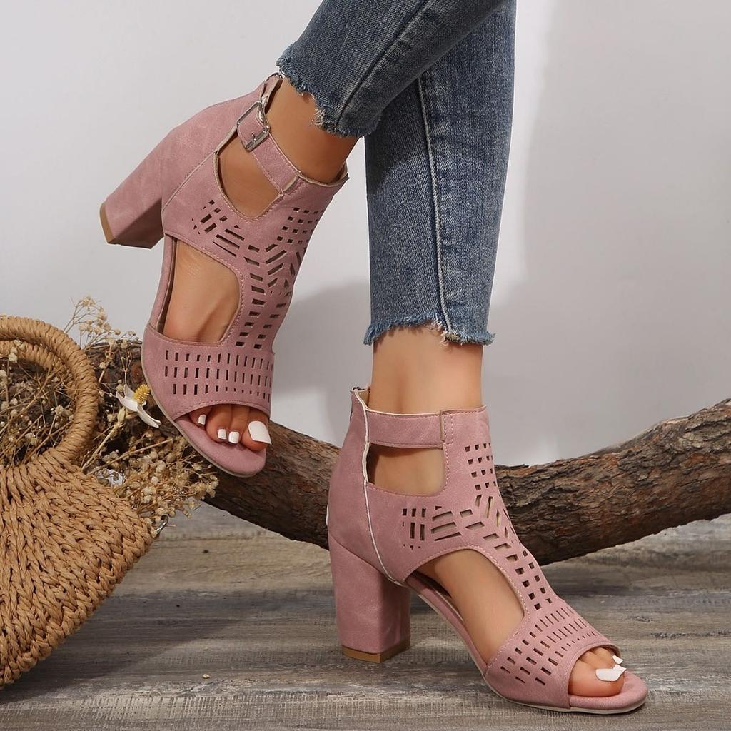 2025 Summer New Large Size Shoes Fashion Thick Heel High Heel Sandals Hollow Fish Mouth Sandals
