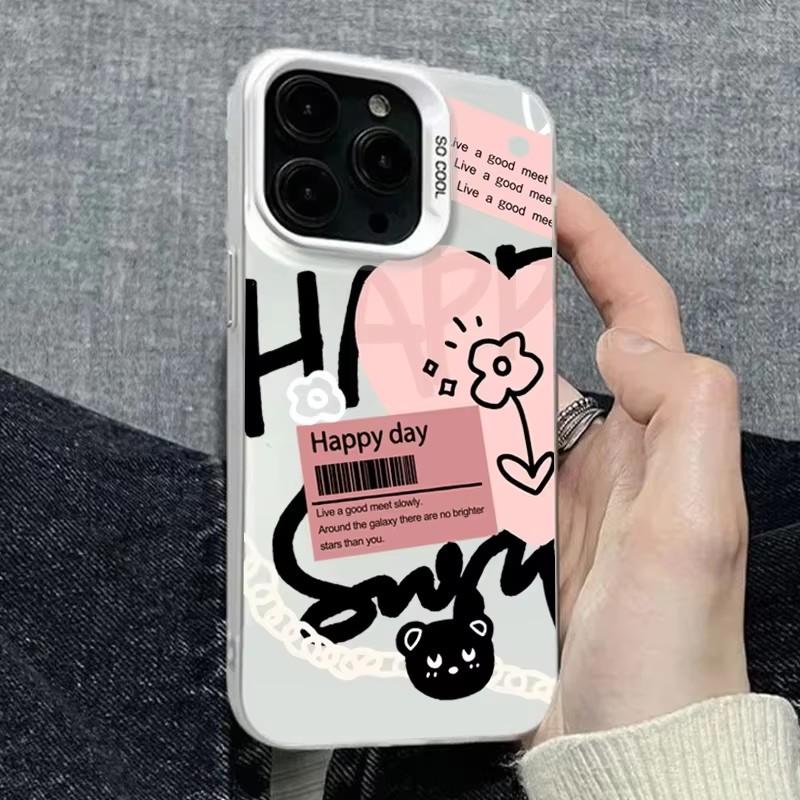 Черный Узор с Надписями и Рисунками Сердечек Чехол для Телефона Для iPhone 17 Pro Max 16 15 Pro 14 13 Mini 12 11 XR XS 17Air 16 Plus Задняя Крышка