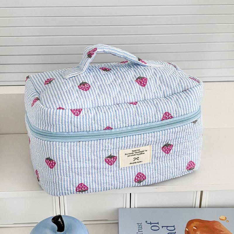 Women Cosmetic Bag Cute Zipper Blue Pink Strawberry Travel Organizer Toiletry Makeup Storage Pouch Handbag Ladies Zipper Bag