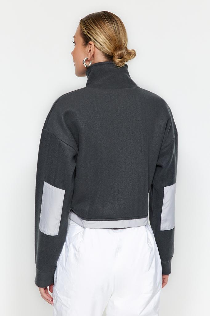 Women's Fashion New Sweatshirt Anthracite Crop Parachute Detailed Polo Neck Zipper Stopper Fleece Knitted Sweatshirt