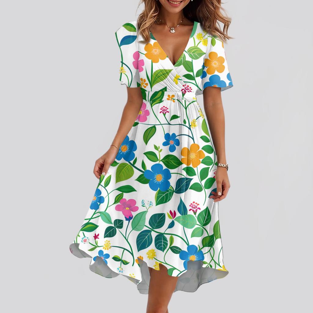 Женское свободное повседневное платье с V-образным вырезом, расклешенная юбка, короткие рукава, напечатанное платье с принтом
