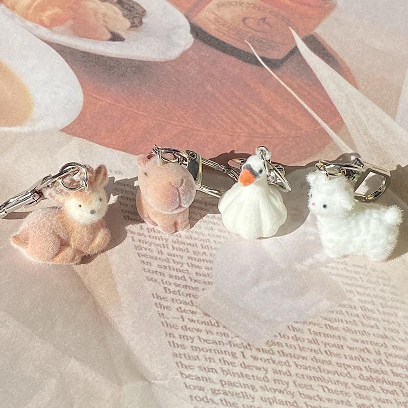 Flocking Resin Alpaca Capybara Keychains Charms Cute Elk Dolphin Garlic Keyring Backpack Decor Earphone Cover Pendant Key Chain