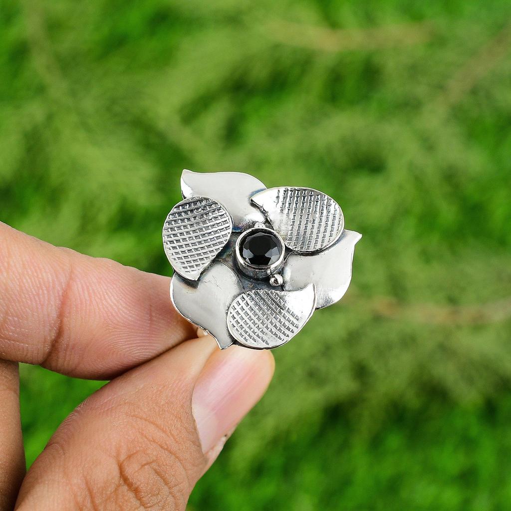 Gift For Her 925 Silver Natural Black Onyx Statement Flower Adjustable Ring