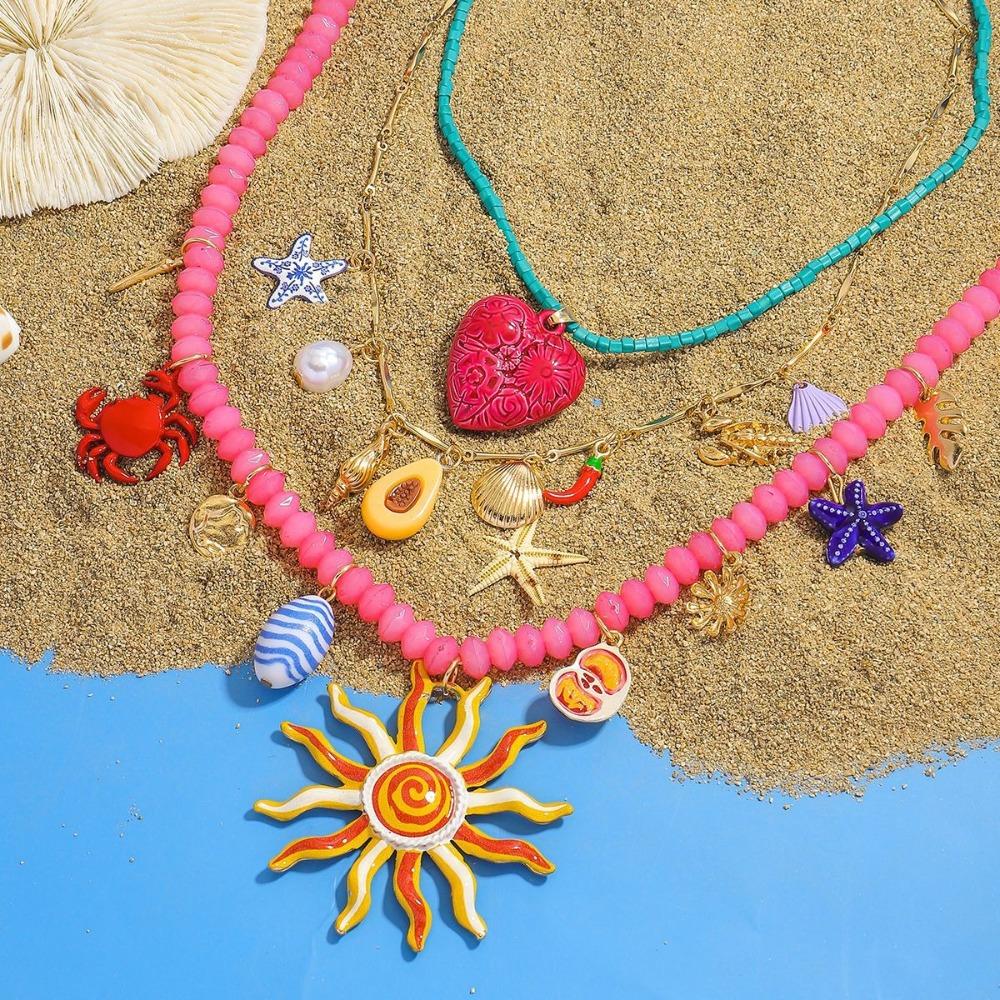 3PCS Dopamine Summer Vacation Beaded Necklace Heart Ocean Style Pendant Necklaces