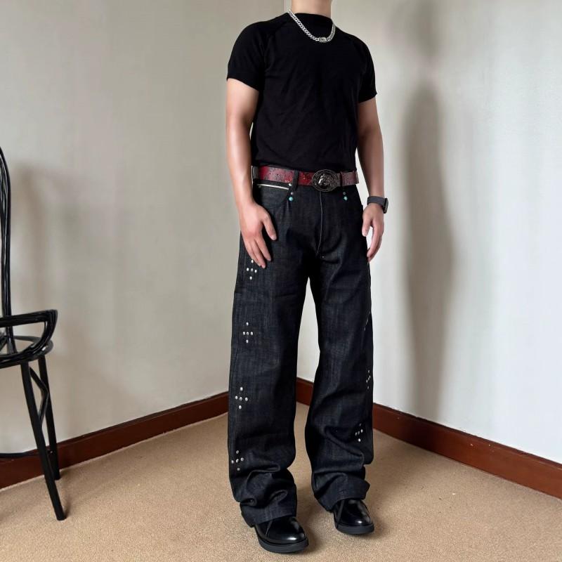 Mens Relaxed Fit Raw Denim Jeans With Rivets Turquoise Accents Vintage Streetwear Straight Leg Trousers