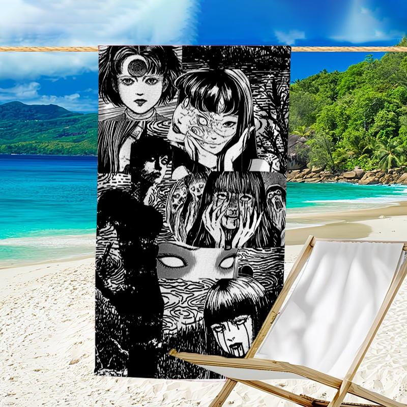 proof beach towel with a Thriller Manga Junji Ito Tomie1 pattern - soft,absorbent,quick-drying,machine washable - perfect for swimming,camping,bathing