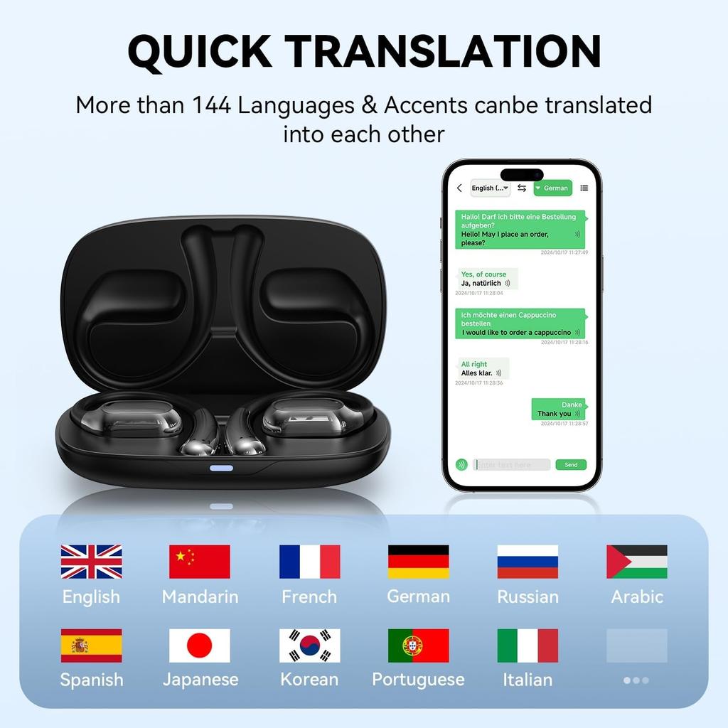 Переводчик с помощью AI Language Earbuds Наушники-переводчики в режиме реального времени 144 языка Акценты Онлайн-переводчик Устройство с приложением Перевод Bluetooth 5.4 Наушники