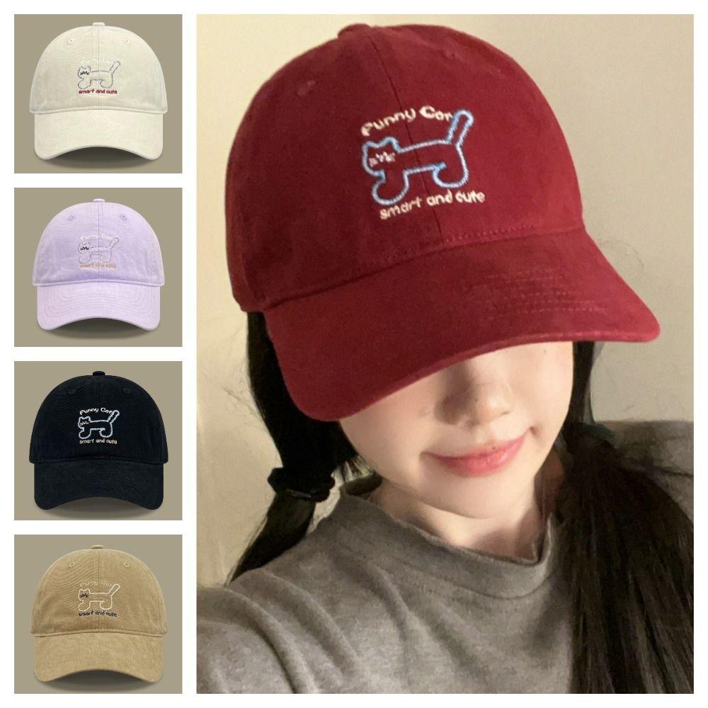Adjustable Sunscreen Baseball Cap Breathable Cotton Peaked Hat Cat Embroidered Cap Unisex