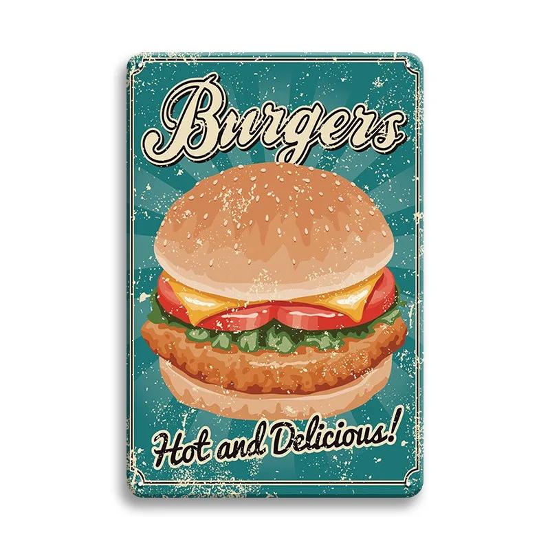Hot Dog Fresh Hamburgers Metal Signs BBQ Vintage Posters Home Kitchen Wall Decor Iron Plate Painting Fast Food Shop Plaques