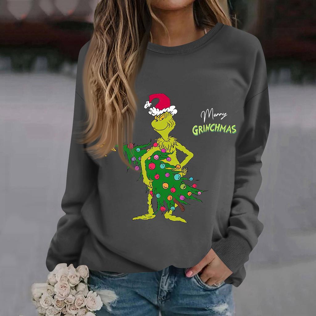 Women's Fashion Casual Long Sleeve Solid Color Christmas Printed Round Neck Top Sweatshirt