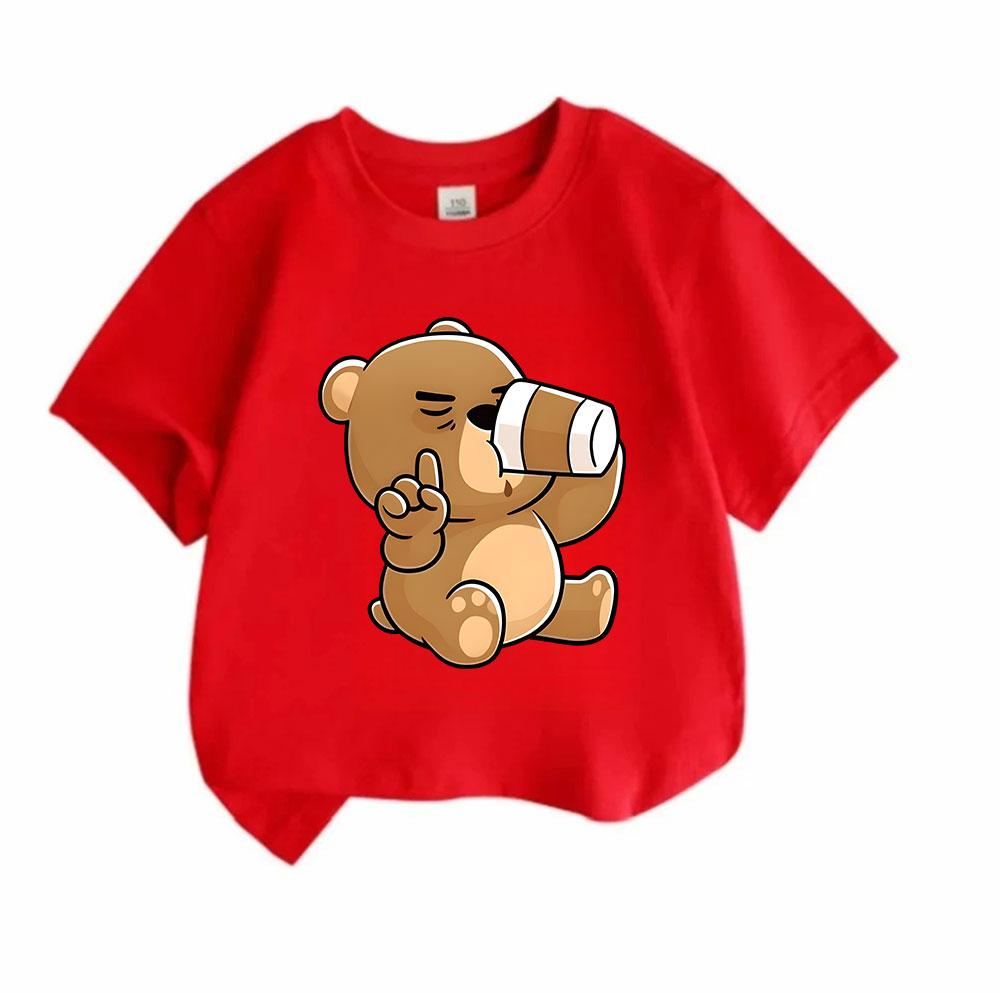 Cute Cartoon Bear Telescope Print Kids 100% Cotton T-shirt, Unisex Boys Girls Crew Neck Short Sleeve Casual Soft Breathable Tee Tops for Daily Summer