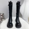 2024 г. Высокие рыцарские сапоги в британском стиле, женские, на толстой подошве, с утолщением, длинные, тонкие, женские, с боковой молнией, черные, длинные сапоги