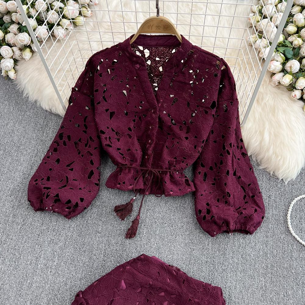 Короткая рубашка в стиле ретро с v-образным вырезом и полой вышивкой, рукавами-фонариками, женская цельная юбка трапециевидной формы с высокой талией, состоящая из двух частей