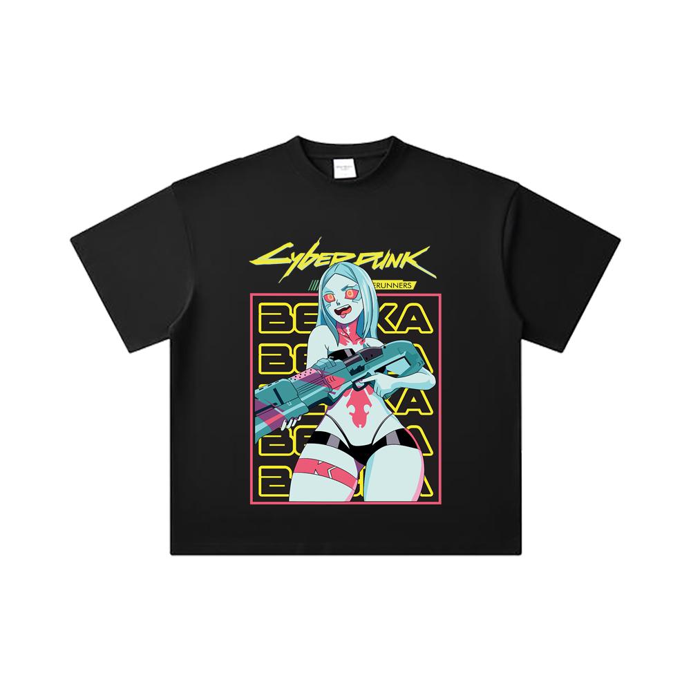 Хлопковая футболка унисекс с принтом Rebecca из Cyberpunk Edgerunners V3, плотность 260 г/м², двойная пряжа, 32 нити, 100% хлопок, тяжелый хлопок