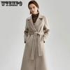 Элегантное женское пальто с отложным воротником и поясом на завязках, винтажное женское однотонное шерстяное пальто с длинными рукавами, повседневная свободная длинная верхняя одежда
