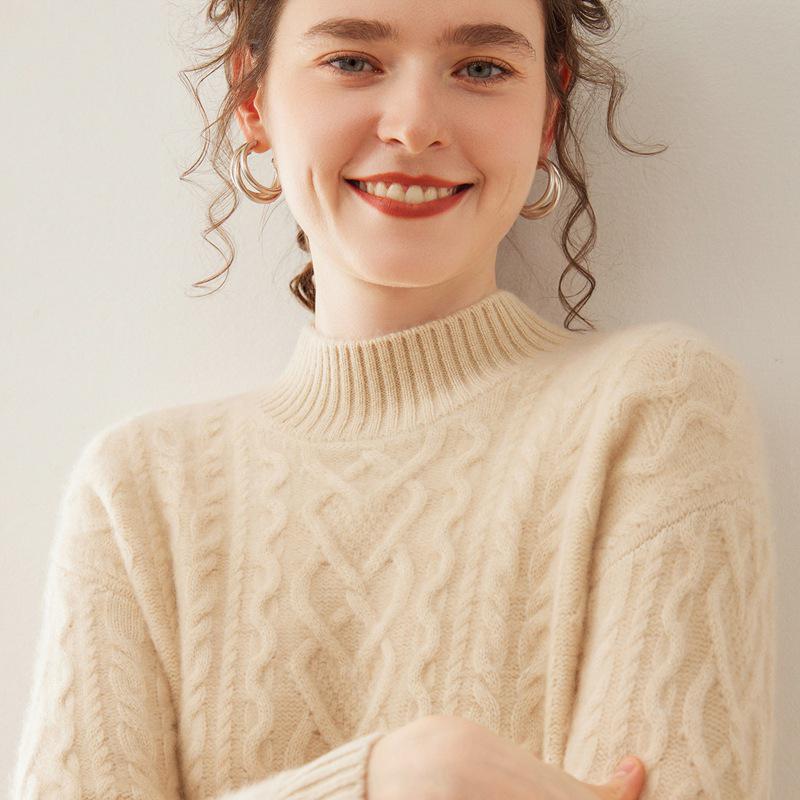 Women's Thickened Cashmere Sweater: Soft, Skin-Friendly Half-High Collar Cable Knit for Autumn/Winter