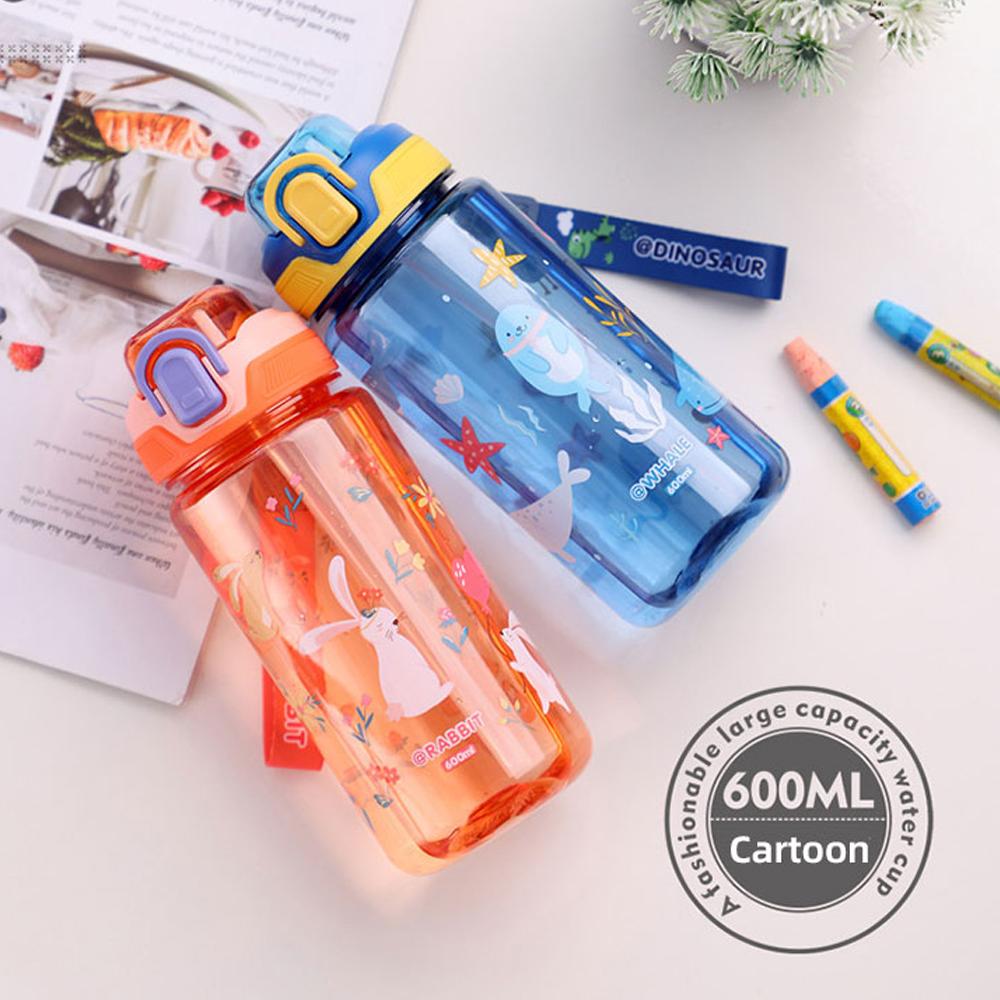 600ml Cartoon Water Bottle Equipped With Straw Portable Kids Water Sippy Cup Leakproof Plastic Water Bottles Summer Travel Kids Water  Practical Use
