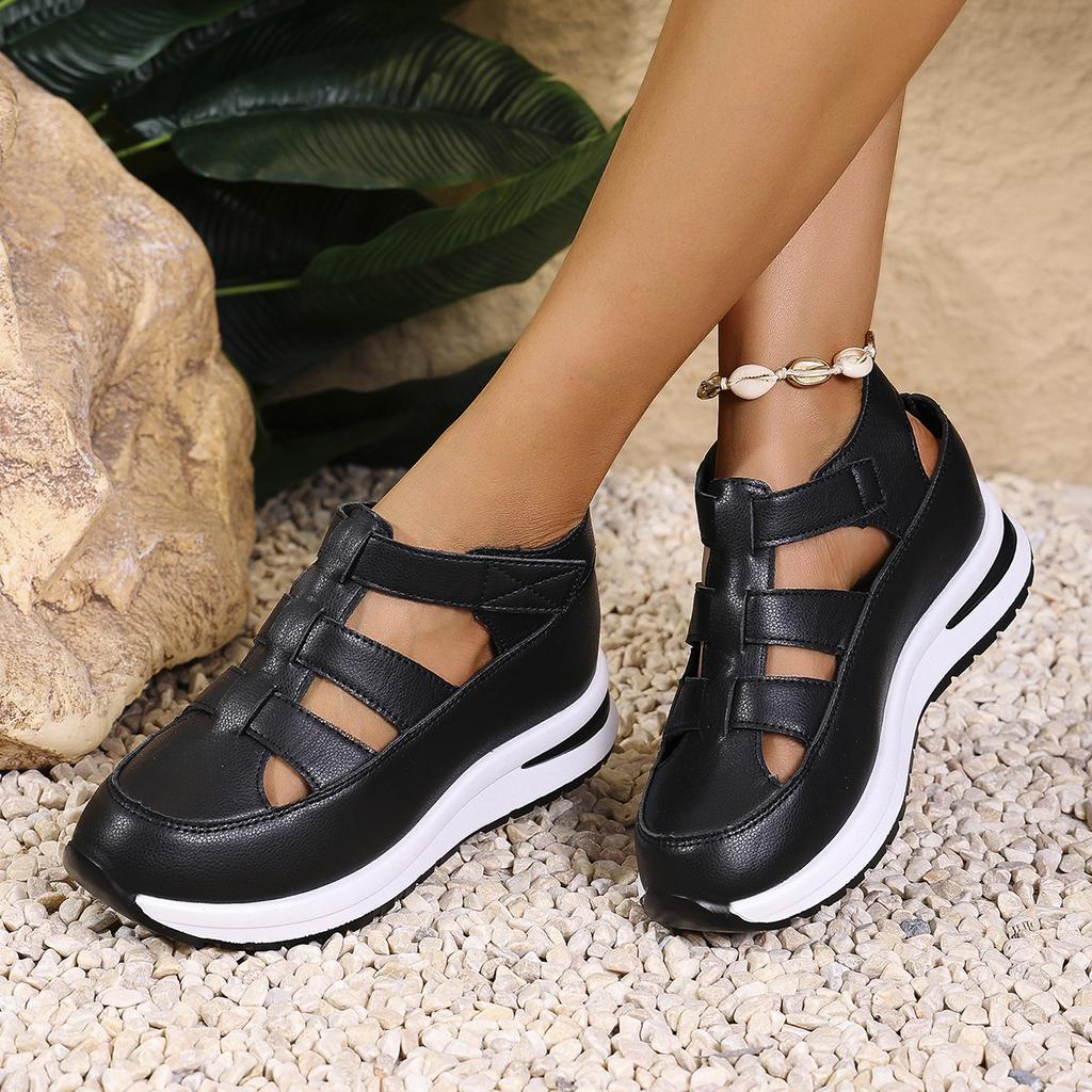 Large Size Hollow Sandals Wedge Heel Thick Sole Velcro Hollow Breathable Single Shoes Casual Women's Spot Cool Single Shoes