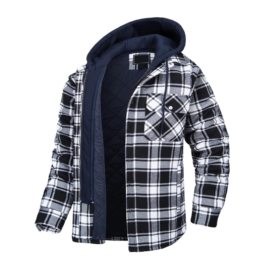Осенне-зимнее мужское толстое пальто-рубашка в клетку с длинными рукавами и лацканами с капюшоном